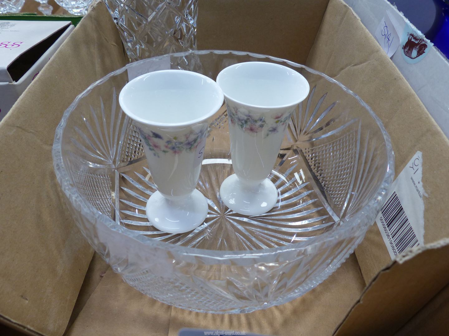 Four pieces of glass to include; Crystal fruit bowl and vase and two Wedgwood bud vases. - Image 2 of 3