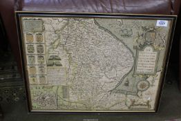 A framed and glazed print of a Map of 'The Countie and Citie of Lyncolne' described with The Armes