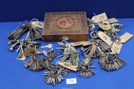 A box of keys, mainly mortice lock type in various sizes plus Yale, key rings etc.