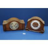 Two two-train Mantle Clocks, both with pendulums and keys; one being by Smiths with cracked glass.