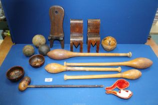 A quantity of mainly wooden items including a pair of "M" motif fretworked miniature chairs with