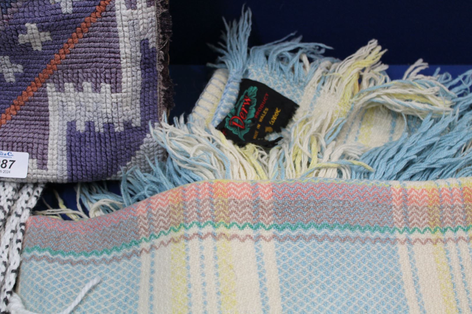 A 'Derw' Welsh Wool blanket in cream, blue and pink, a black and white diamond pattern throw, - Image 3 of 3