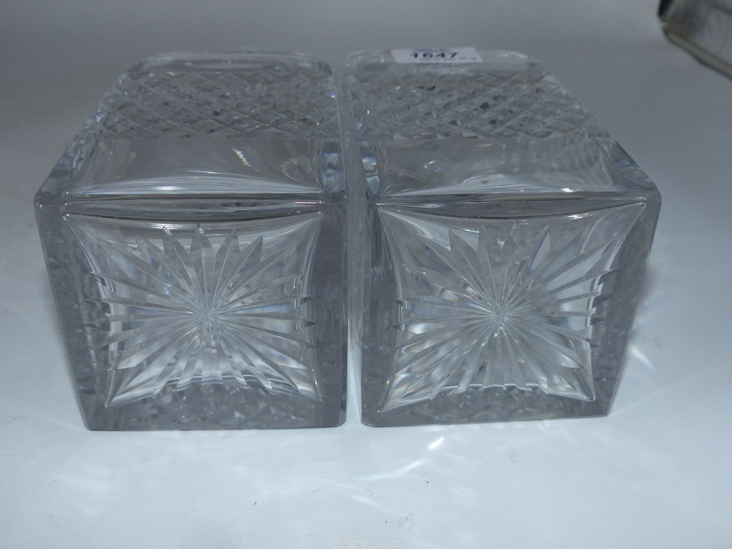 A pair of Tudor crystal square decanters with mushroom stoppers. - Image 4 of 4