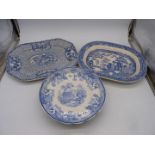 Two old blue and white meat plates and footed cake stand.