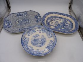 Two old blue and white meat plates and footed cake stand.