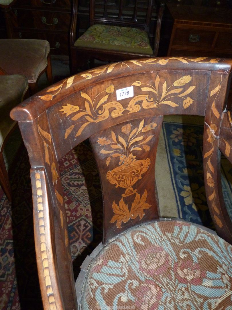 A most attractive Walnut and other woods Marquetry decorated open armed Elbow Chair, - Image 5 of 8