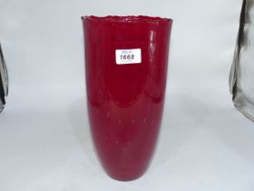 Glass vase with pie crust rim and stretched vertical clear bubbles, 12 1/2" tall, 6 1/4" wide.