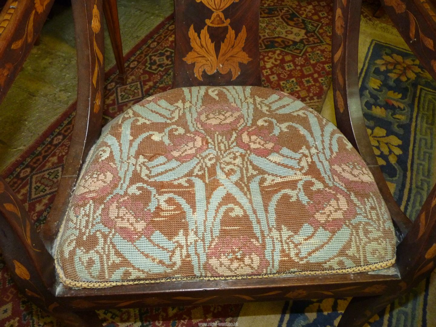 A most attractive Walnut and other woods Marquetry decorated open armed Elbow Chair, - Image 4 of 8