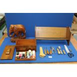 A large Oak book trough, 19" long, plus mahogany Art Deco sewing box and contents, 9 1/2" long,