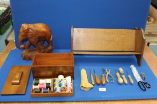 A large Oak book trough, 19" long, plus mahogany Art Deco sewing box and contents, 9 1/2" long,