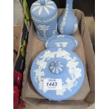 Four pieces of Wedgwood Jasperware including; posy vase, trinket dish, trinket pot, etc.