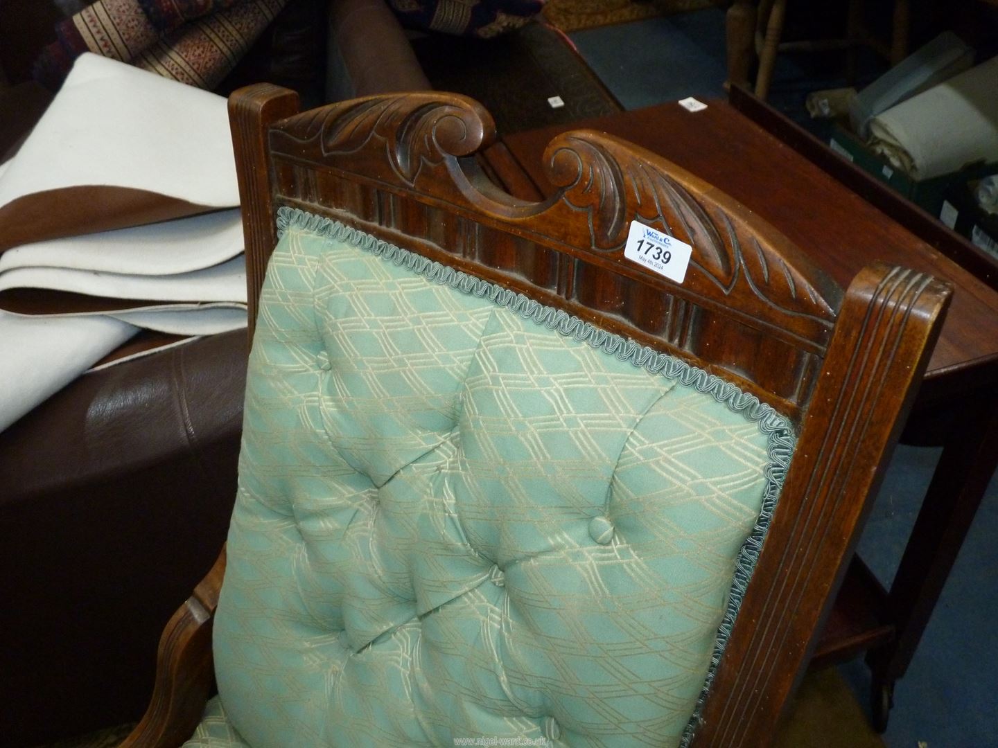 A Mahogany framed lady's Fireside Chair standing on turned front legs and upholstered in lattice - Image 3 of 4