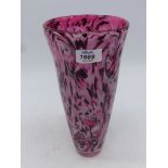 A heavy Czech style tapered glass vase, with plum, pink and cream close packed swirls and streaks.
