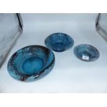 Three pieces of Art Deco 1930's/40's blue Cloud glass various sized bowls with rolled rims 7"-11"