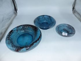 Three pieces of Art Deco 1930's/40's blue Cloud glass various sized bowls with rolled rims 7"-11"
