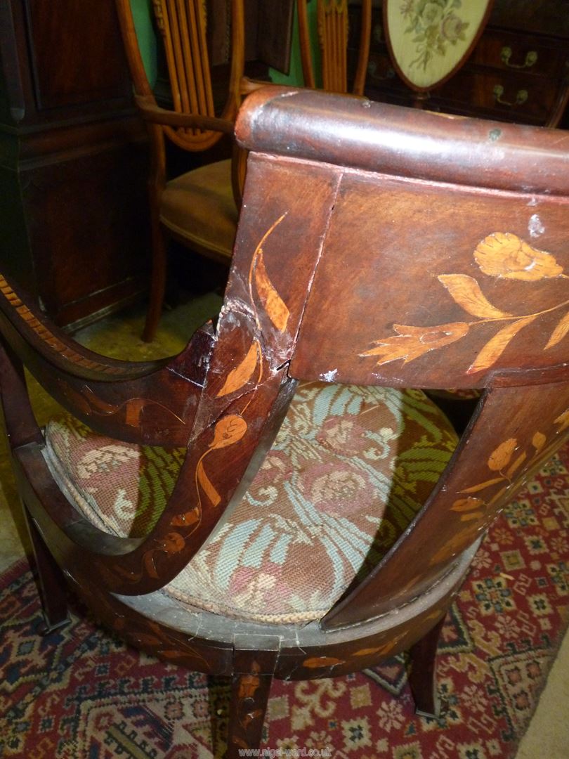 A most attractive Walnut and other woods Marquetry decorated open armed Elbow Chair, - Image 7 of 8