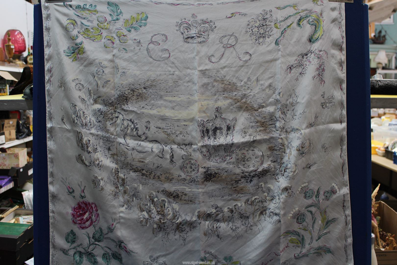 An Oliver Messel silk Jubilee scarf having coach and horse to the centre with various plants - Image 2 of 5