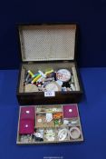 A sewing Box having marquetry decoration to the lid with fitted compartments plus contents,