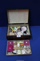 A sewing Box having marquetry decoration to the lid with fitted compartments plus contents,