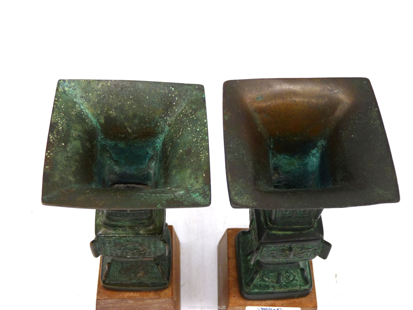 A pair of small Chinese bronze 'Gu' vases, probably Ming dynasty, on custom made wooden stands, - Image 16 of 18