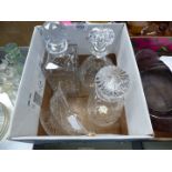 Three decanters including; square, mallet shaped, etc. plus a Stuart Crystal bowl.