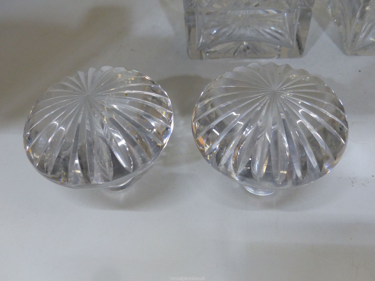 A pair of Tudor crystal square decanters with mushroom stoppers. - Image 2 of 4