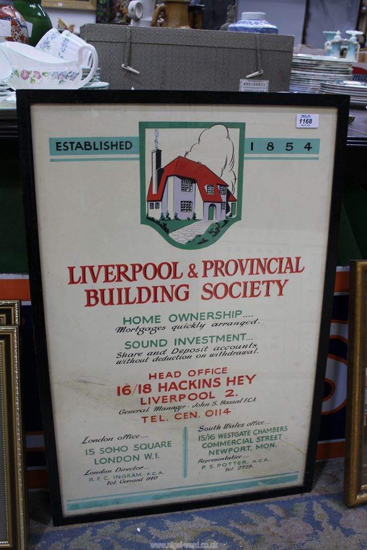 A Liverpool & Provincial Building Society Poster, framed and hand-painted, 20 1/2" x 30 1/2" .