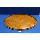 A good quality Kingwood 19th c oval butlers Tray with brass handles, inlaid with ebony,