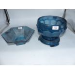 Two pieces of Art Deco 1930's/40's blue Cloud glass to include a centrepiece bowl with matching