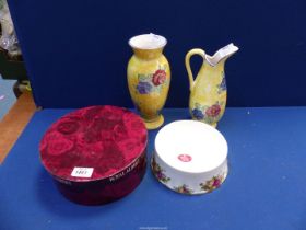 A Royal Albert 'Old Country Roses' dog bowl and floral and yellow matching vase and jug.