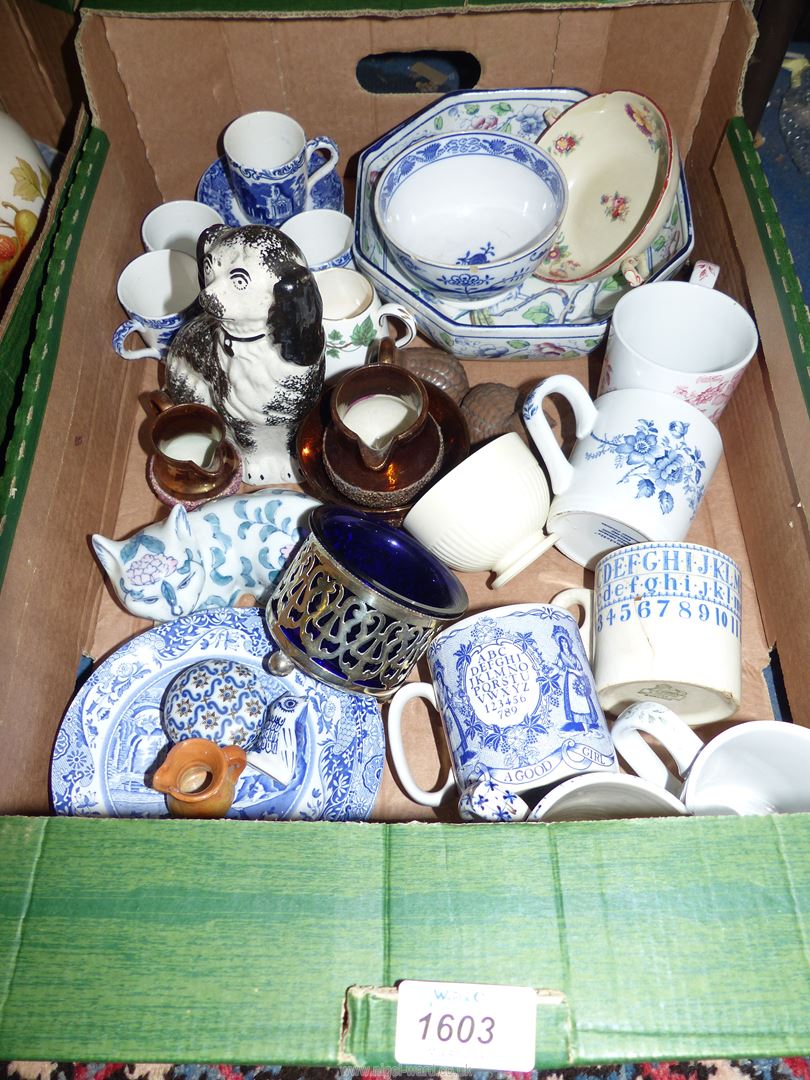 A quantity of china including blue and white Abbey coffee cans and saucers,