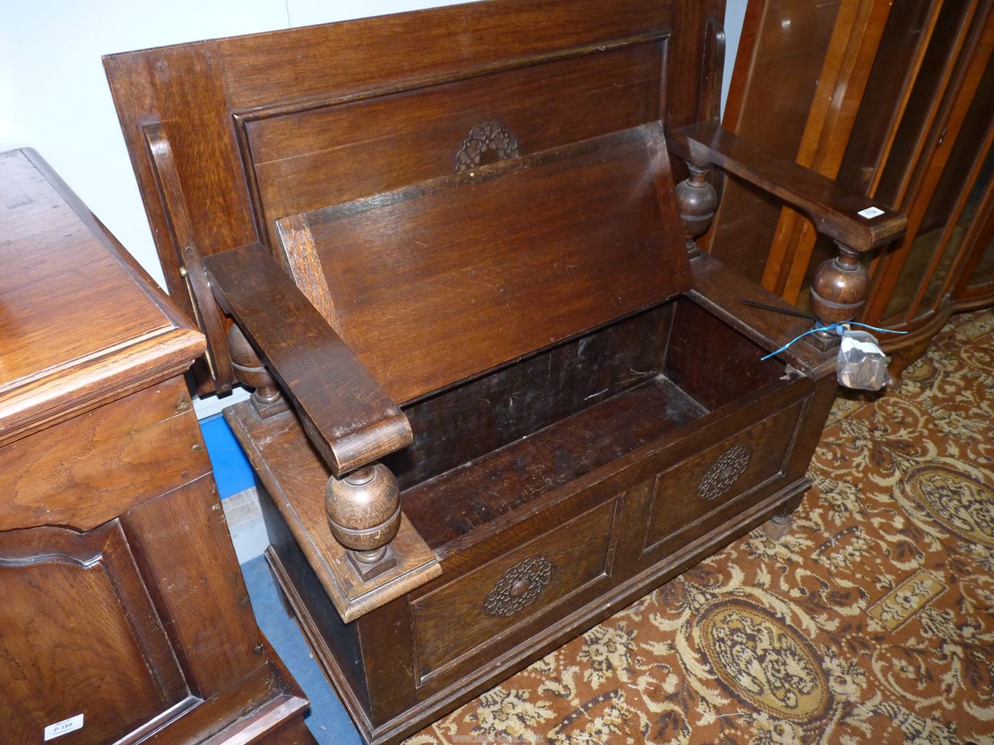 An Oak Monks Seat having a locker base, the arms supported on bulbous turned supports, - Image 6 of 6