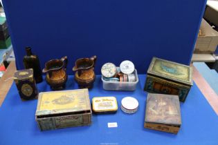 A quantity of old tins (some containing old Meccano pieces), a cigar box,