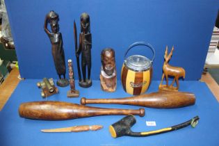 A quantity of treen including pair of juggling pins, biscuit barrel, figures, etc.