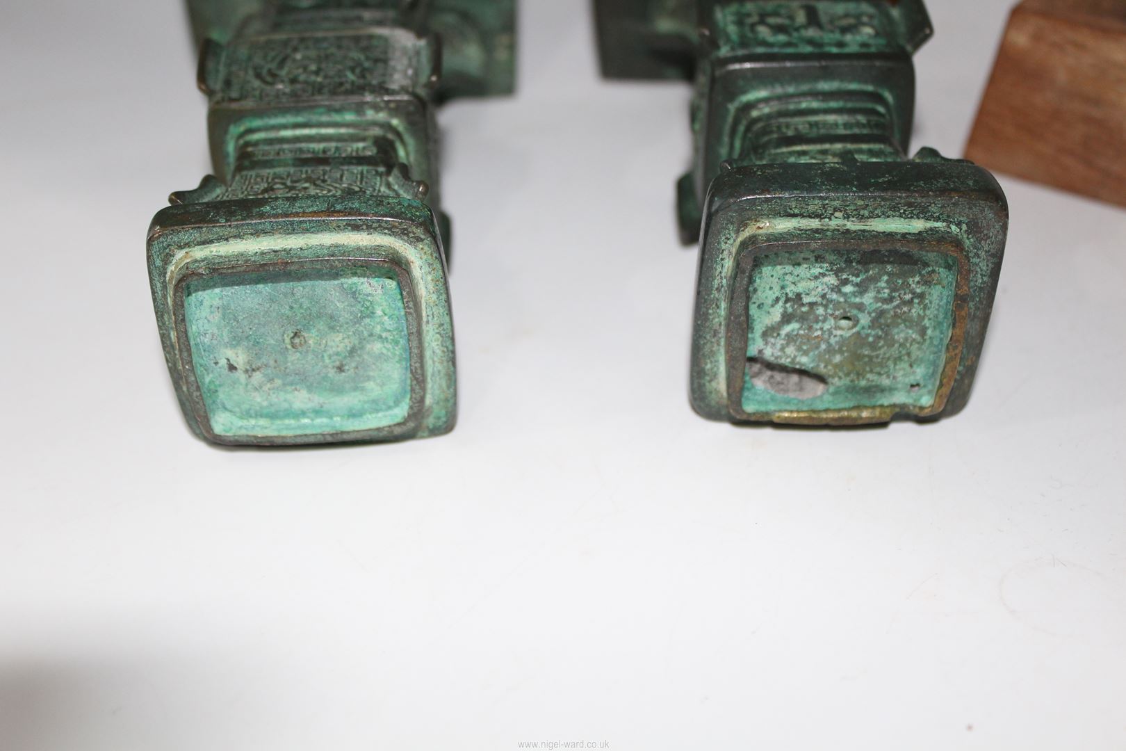 A pair of small Chinese bronze 'Gu' vases, probably Ming dynasty, on custom made wooden stands, - Image 5 of 18