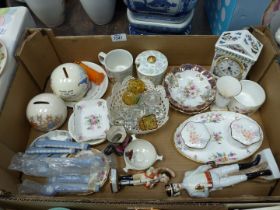 A quantity of china including nursery money boxes, Wedgwood Jasperware cutlery handles,