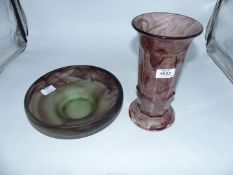 A Briar-Topaz Cloud glass shallow footed bowl 9 1/2" diameter and a mauve 'Column' Cloud glass vase