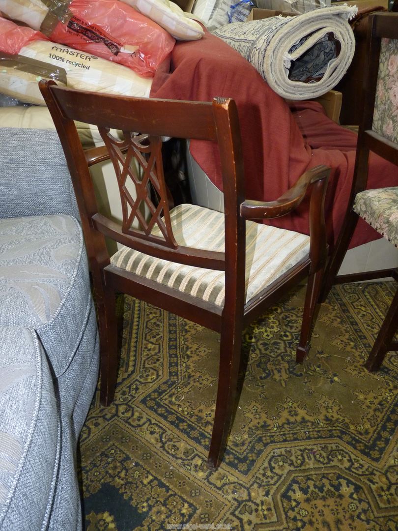 A Mahogany framed open armed Elbow Chair with a striped upholstered drop-in seat and a lattice - Image 2 of 4