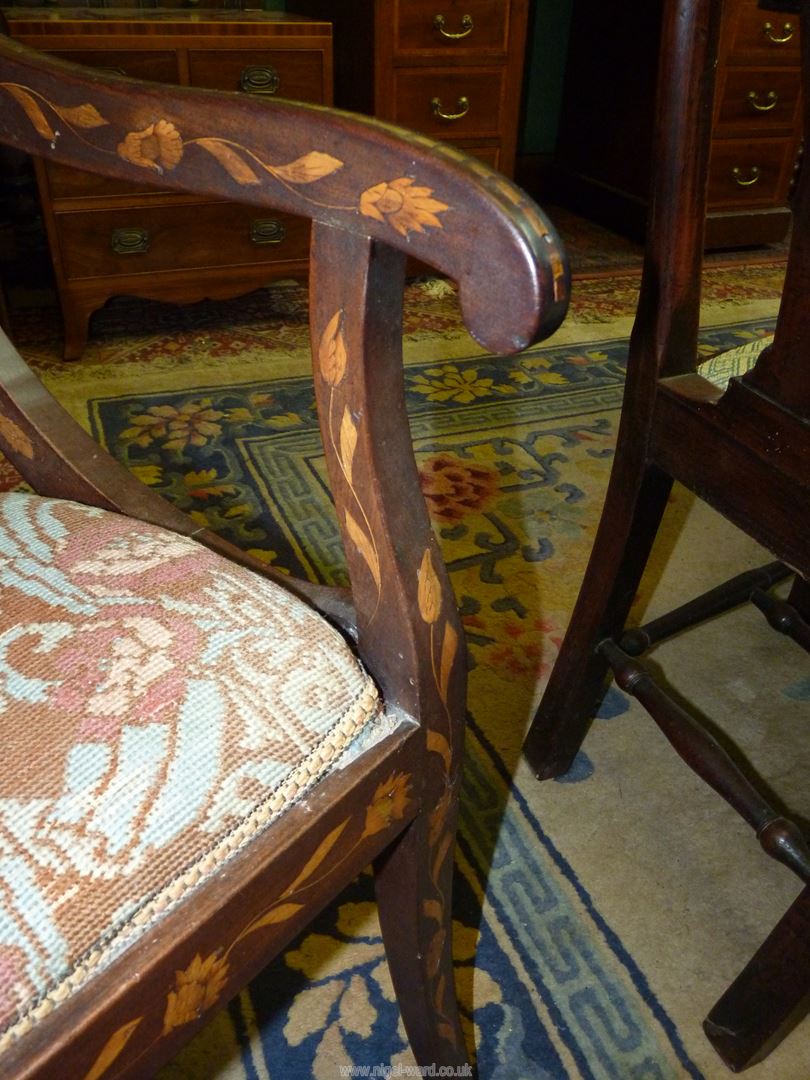 A most attractive Walnut and other woods Marquetry decorated open armed Elbow Chair, - Image 6 of 8