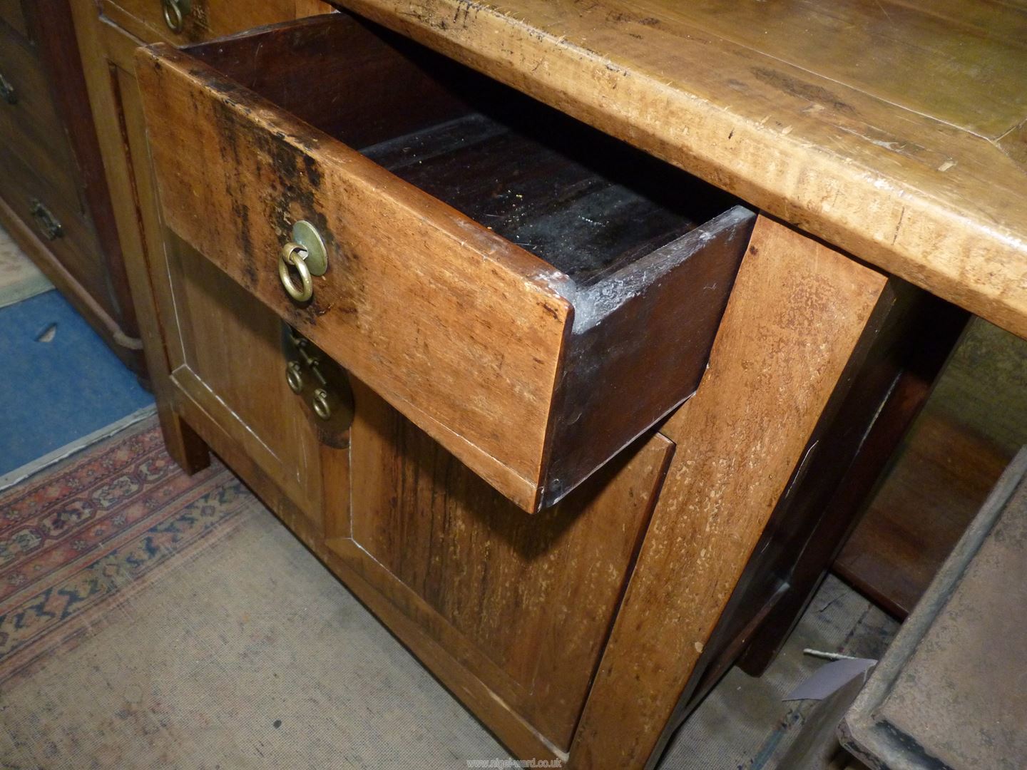 An Eastern hardwood Oriental altar type Table having two frieze drawers and a pair of opposing - Image 3 of 5