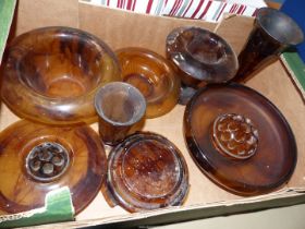 A quantity of 1930's/40's Art Deco amber Cloud glass to include posy bowls, 'Parfait' vase,