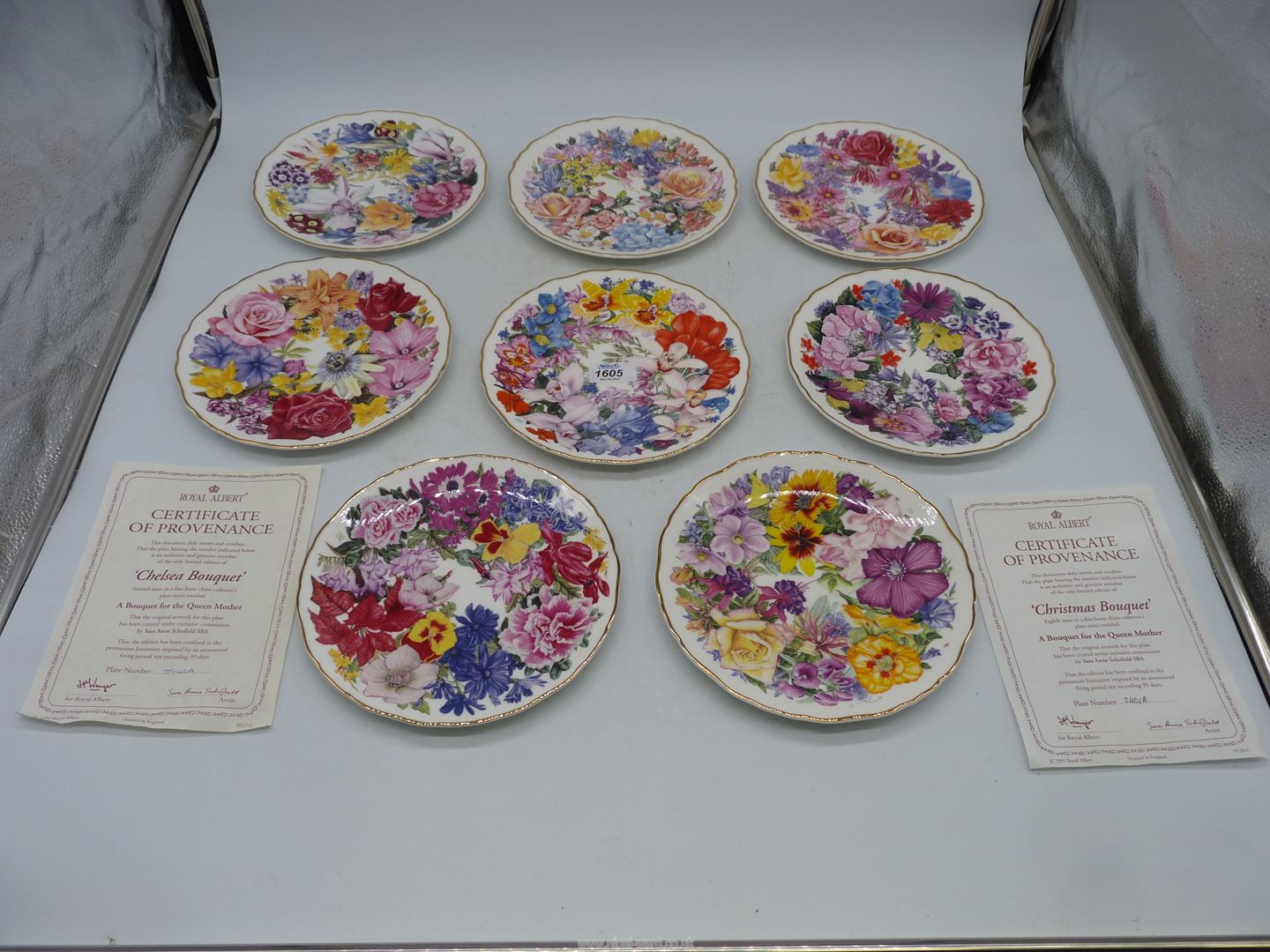 A set of eight Royal Albert 'A bouquet for the Queen Mother' display plates.