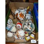 A quantity of china including bird ornament, salt and pepper pots, bell, cups, saucers etc.
