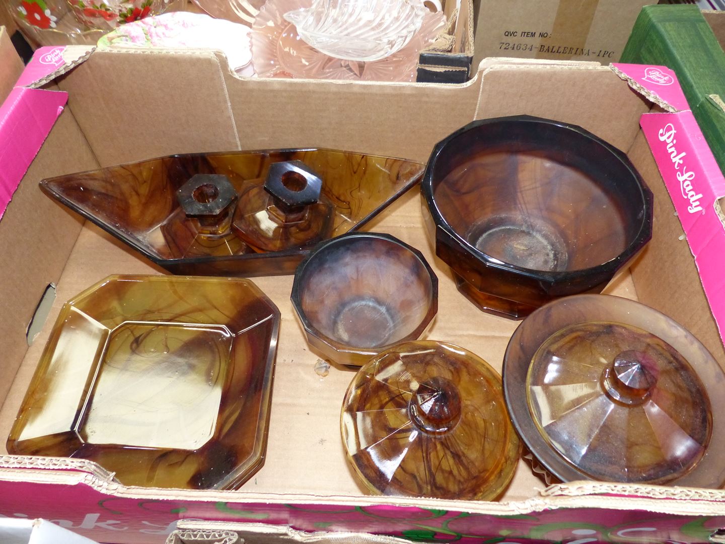 A quantity of 1930's/40's Art Deco amber Cloud glass to include boat shape fruit dish,