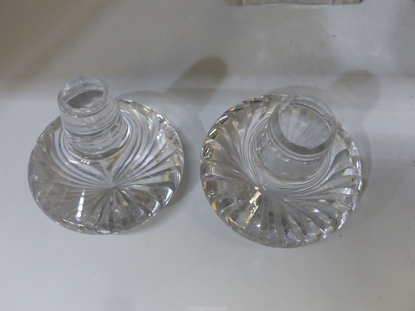 A pair of Tudor crystal square decanters with mushroom stoppers. - Image 3 of 4