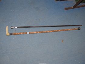 Two walking sticks; one having a silver collar and antler handle,