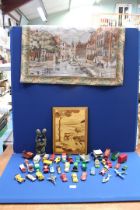 A quantity of miscellanea including Matchbox Corgi cars, marquetry picture, wall hanging, etc.