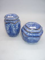 Two blue and white Wade Temple Jars of hexagonal shape.