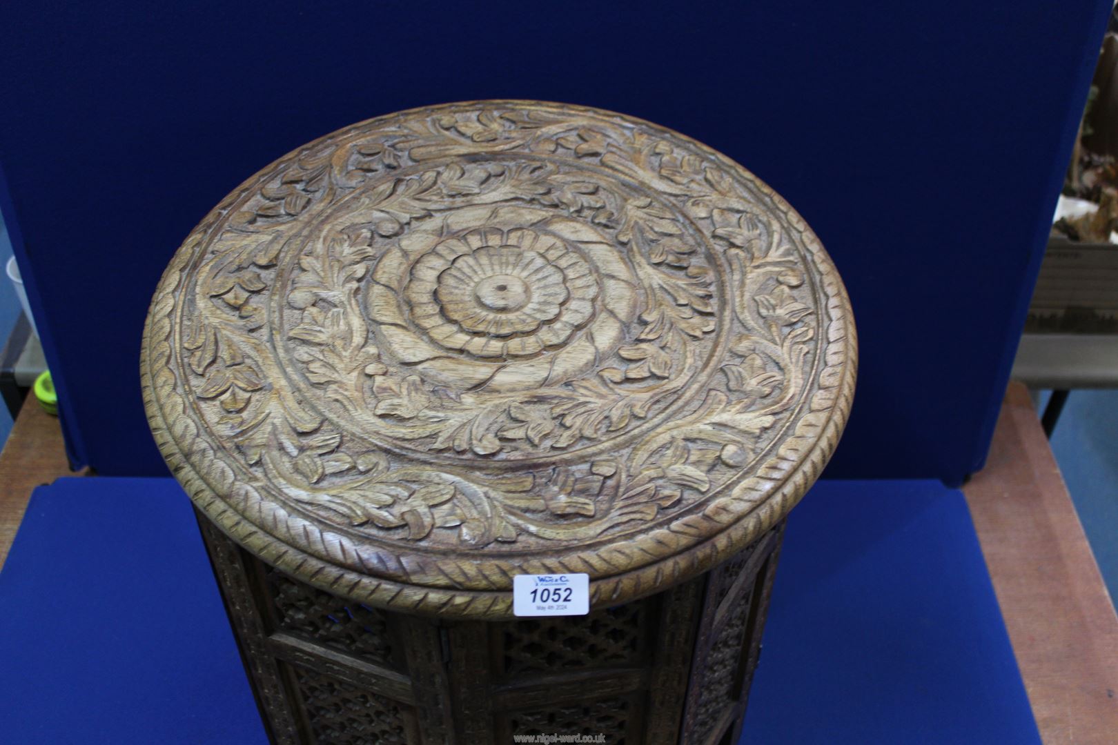 An Eastern style table with eight hinged fretwork sides and round curved top, 18" tall, - Image 2 of 2