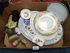 A quantity of china including Beswick salt & pepper, crested ware, meat plates,